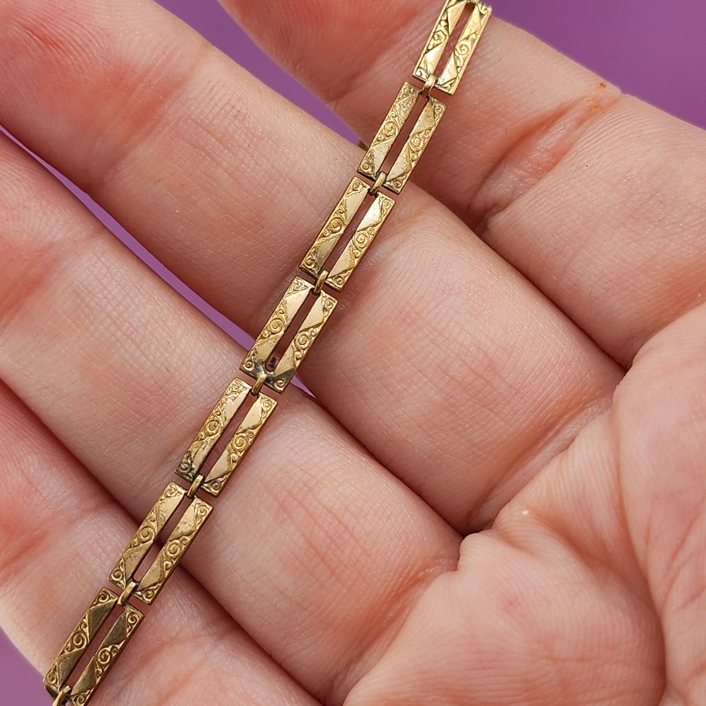 Gold Tone Engraved Rectangular Link Bracelet Scrollwork Vintage Art Deco Jewelry
